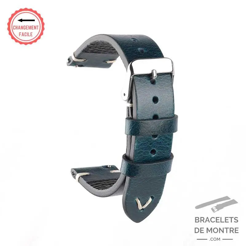 Bracelet Montre en Cuir Bleu à Dégagement Rapide